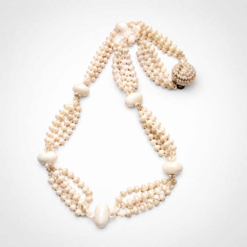 Japan White Beaded Necklace Multi-Strand Lucite Mid-Century 24"‎ Long wh04-32